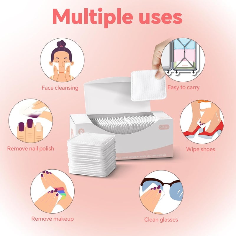 ICOTLE Clean Pads, 120 Count Not to Shed & Tear Face Pads, Unique Triple Layers, Textured & Ultra Soft Side, Square Cotton Pads for Makeup Removal, Cleansing, Skin Care etc. - Image 5